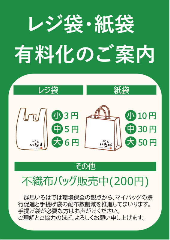 群馬いろはにおけるレジ袋・紙袋有料化のご案内