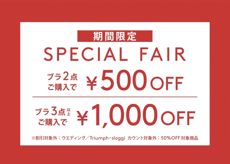 ブラ2点購入で500円OFF、3点以上で1,000円OFF！